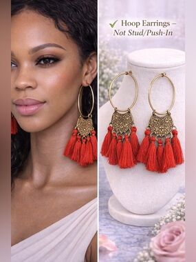 Very nice red and gold Color tassel earrings statement Pre-own